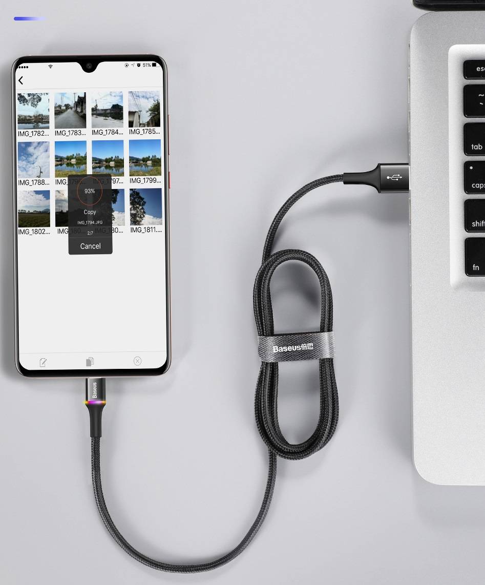 Cabo USB Tipo C 3A LED Colorido Baseus