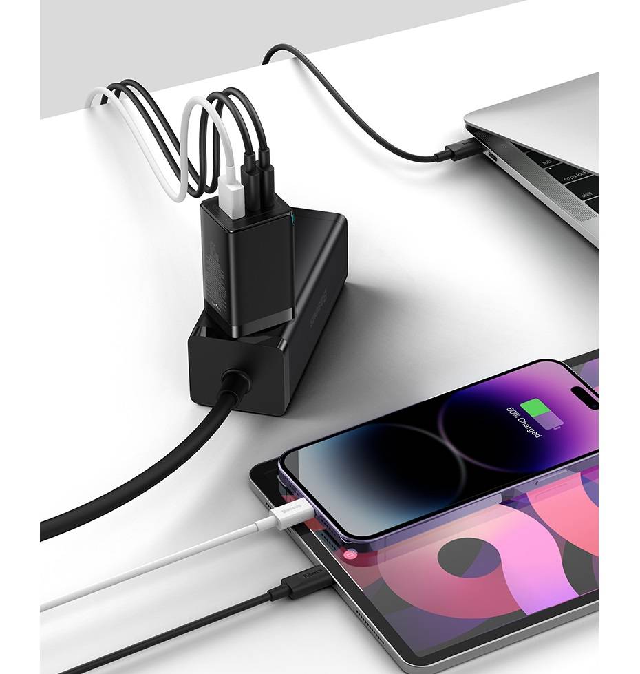Kit Carregador 65W GaN5 Pro 3 Portas + Cabo USB C Baseus