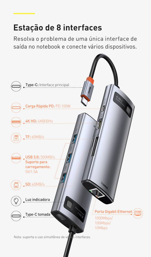 Hub USB C 8 em 1 4K 30Hz Multifuncional Baseus