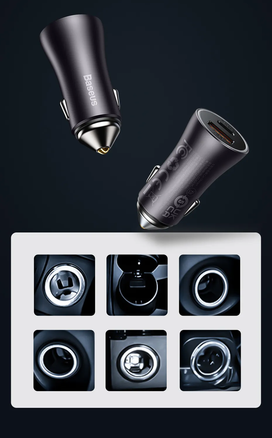 Carregador Veicular 60W Dual Port USB e Tipo C Baseus