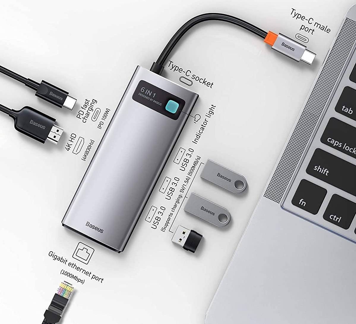 Hub USB C 6 em 1 4K 30Hz Multifuncional Baseus