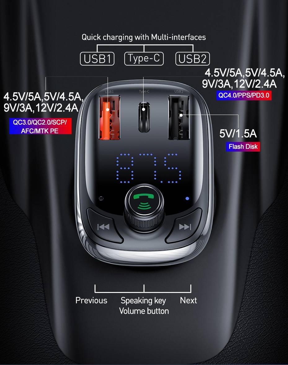Carregador veicular com transmissor FM Bluetooth 5.0 Baseus
