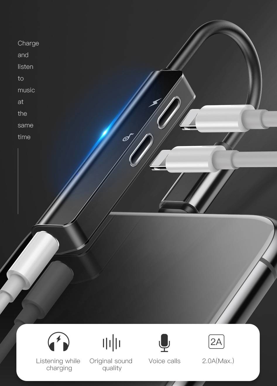 Adaptador 3 em 1 Lightning para iPhone com entrada P2 Baseus