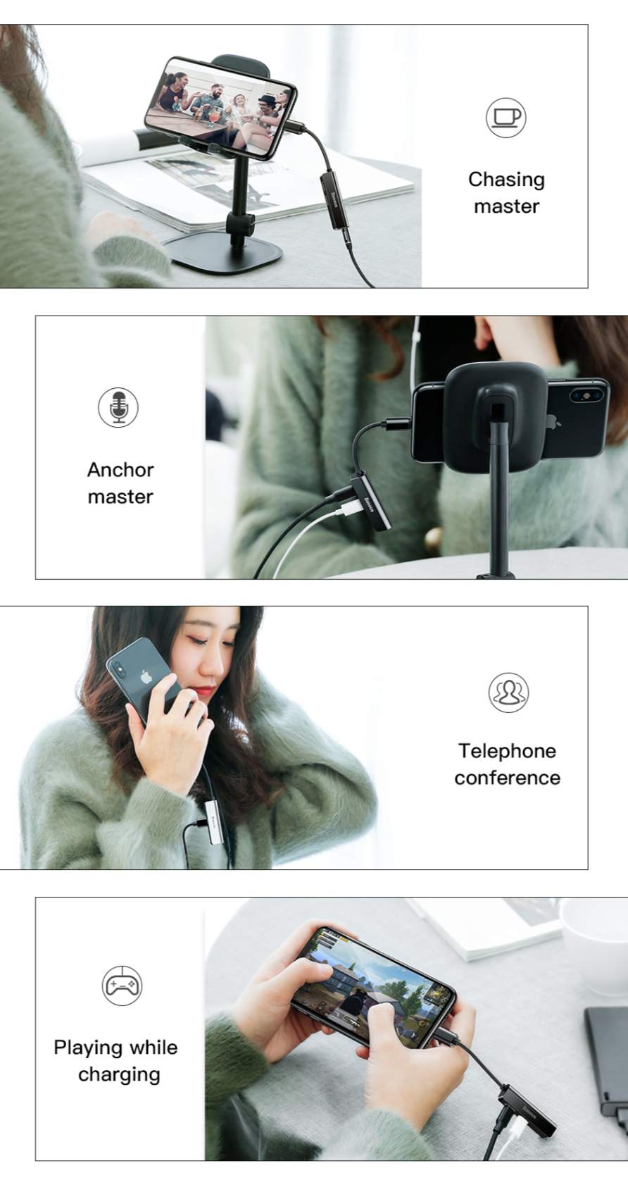 Adaptador 3 em 1 Lightning para iPhone com entrada P2 Baseus