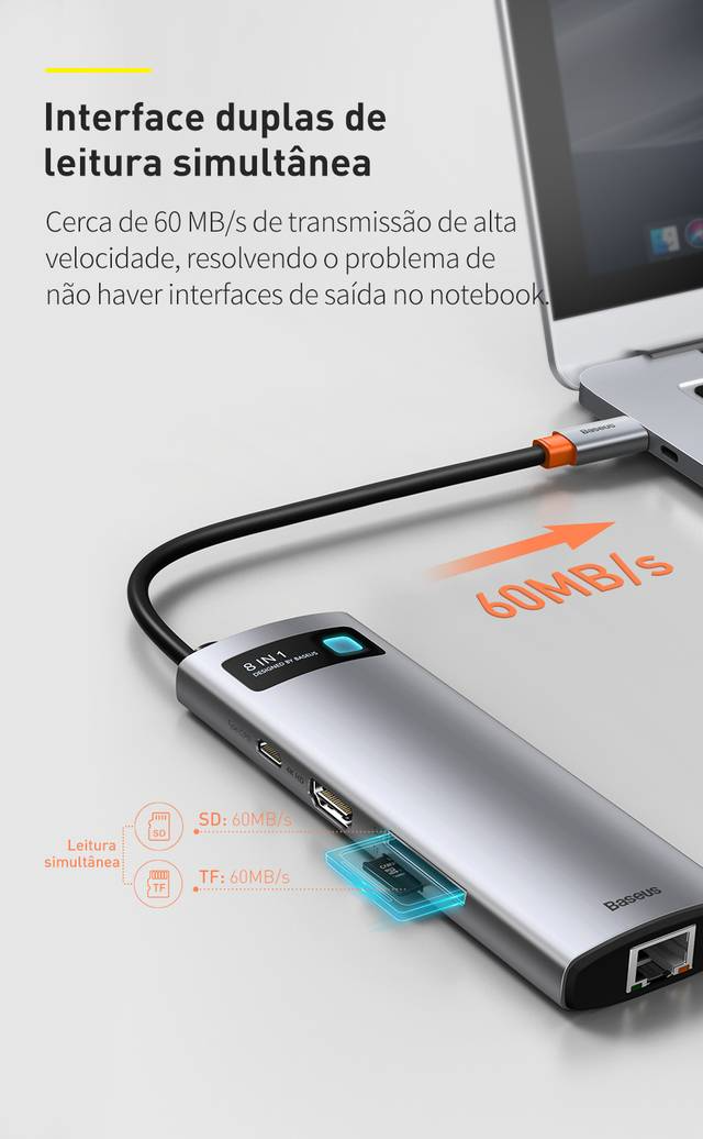 Hub USB C 8 em 1 4K 30Hz Multifuncional Baseus