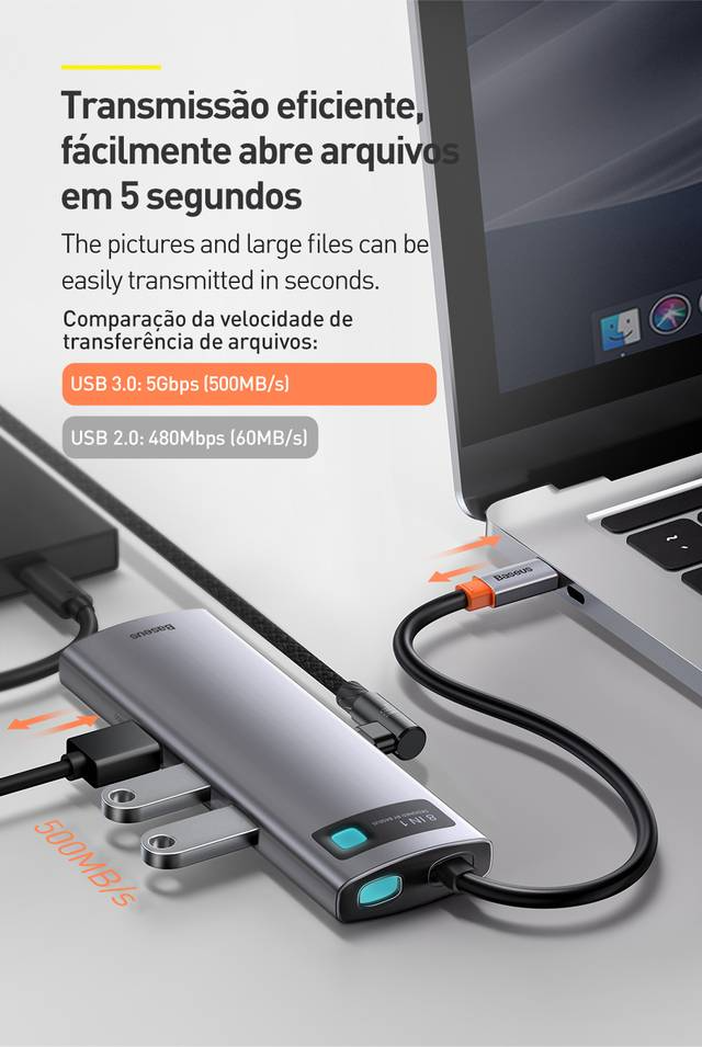 Hub USB C 8 em 1 4K 30Hz Multifuncional Baseus