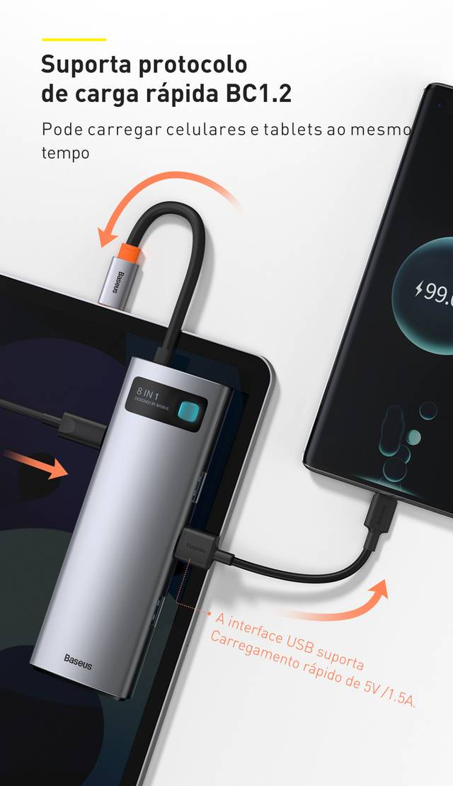 Hub USB C 8 em 1 4K 30Hz Multifuncional Baseus
