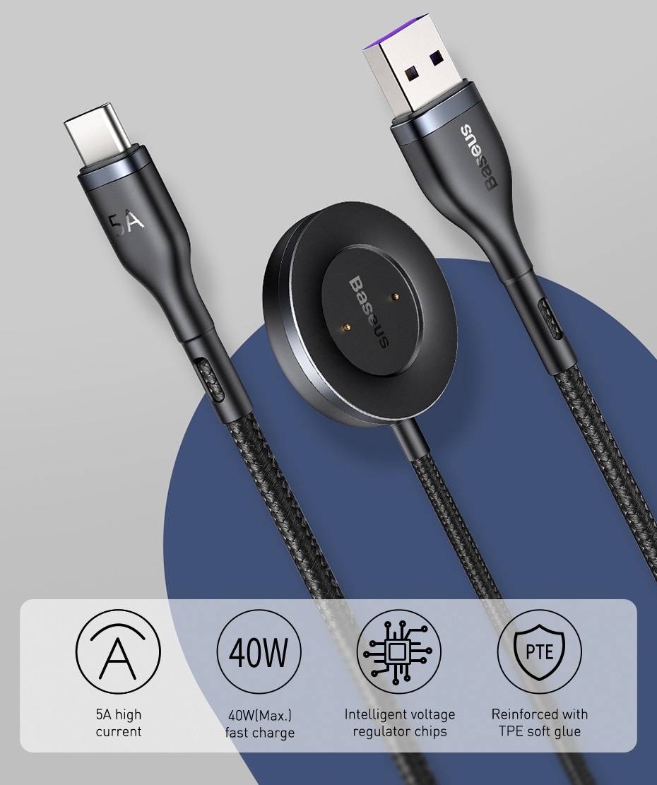 Cabo 2 em 1 USB para USB Tipo C + Carregador para Smart Watch Baseus