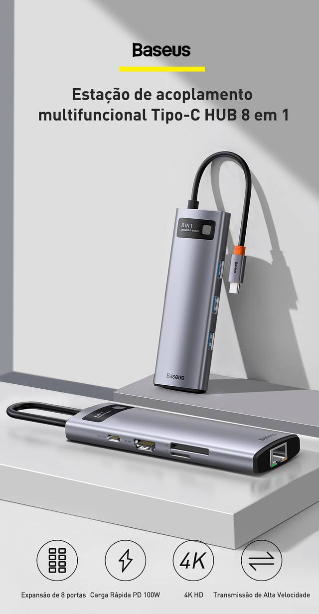 Hub USB C 8 em 1 4K 30Hz Multifuncional Baseus