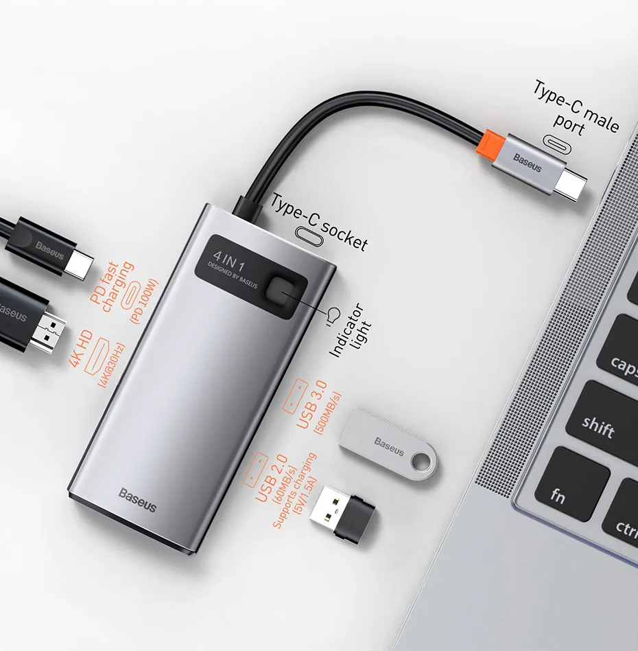 Hub USB C 4 em 1 Multifuncional HDMI e USB3.0 Baseus