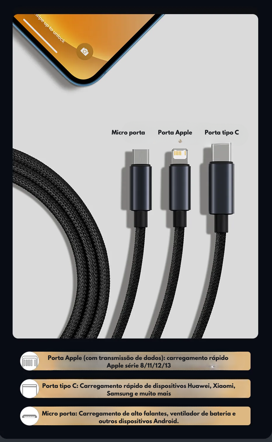 Cabo USB 3 em 1 Modelo Minimalista 1,2m Baseus