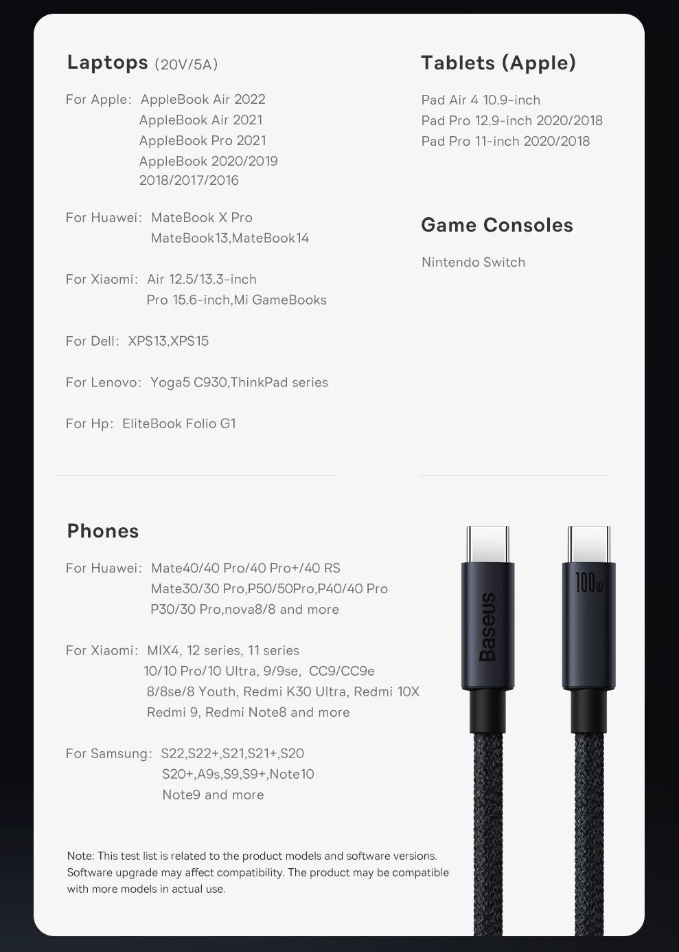 Cabo USB C 100W Ultra Rápido Baseus