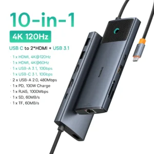 HUB USB C Baseus 10 em 1 120Hz com Botão - Preto