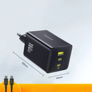 Kit Carregador GaN Baseus 100W EnerFill 3 Portas + Cabo USB C - Preto
