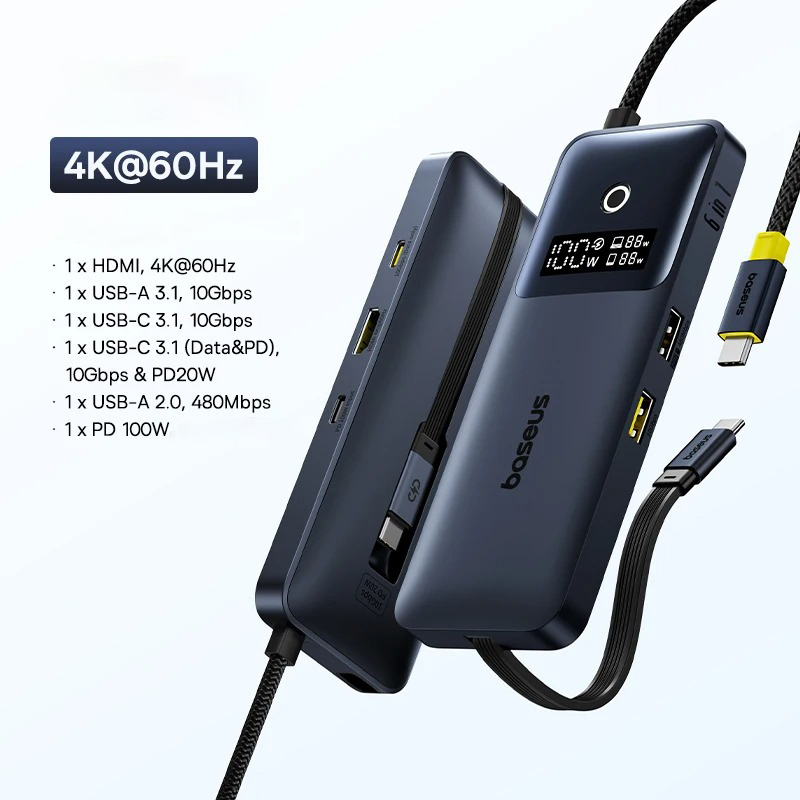 Hub USB C Baseus 6 em 1 Carregamento Duplo - Preto