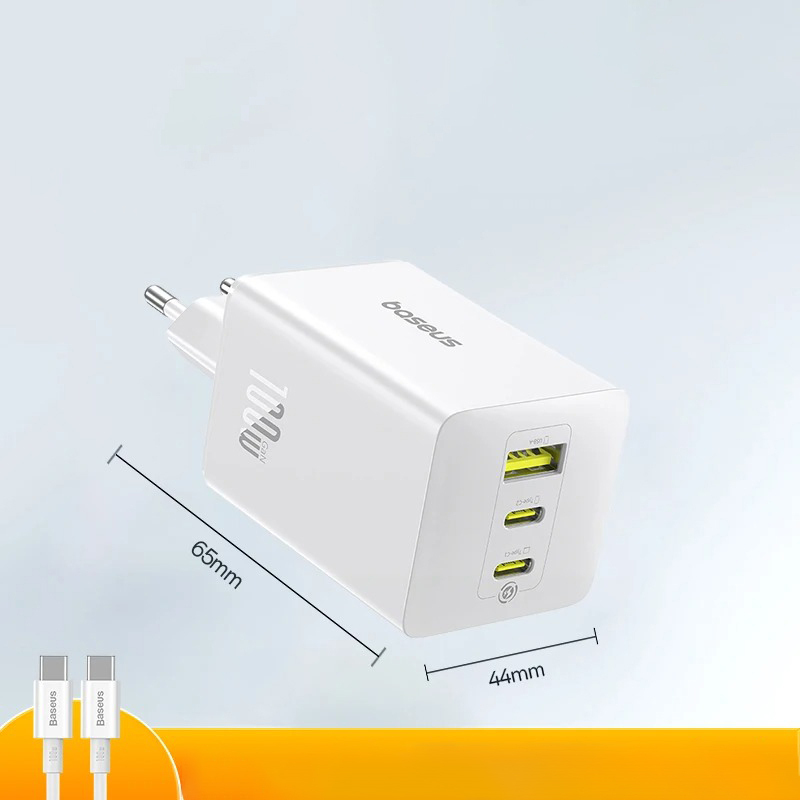 Kit Carregador GaN Baseus 100W EnerFill 3 Portas + Cabo USB C - Branco