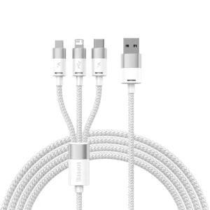 Cabo Baseus 3 em 1 USB de Carregamento Rápido 1,2m StarSpeed - Branco