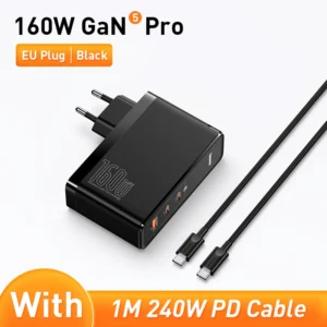 Kit Carregador Turbo Baseus 160W USB e Tipo C + Cabo USB C - Cor e Tipo: Preto - Plugue EU