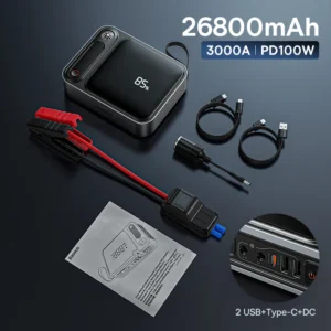 Auxiliar de Partida Portátil 3000A de Carregamento Rápido 100W - Preto