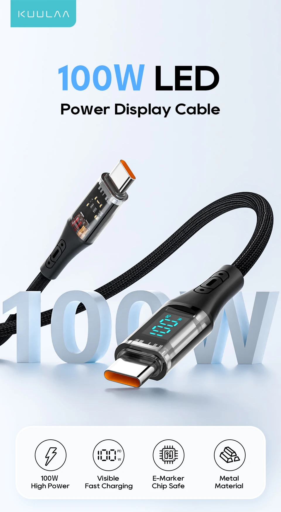 Cabo USB-C Carregamento Rápido 100W QC4.0 Kuulaa - Imagem 7