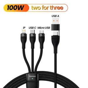 Cabo USB Baseus 3 em 2 100W - Preto
