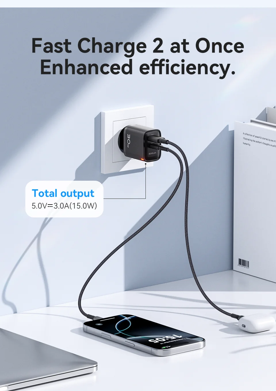 Carregador Kuulaa GaN 30W Fast Charge com USB-A e USB-C - Imagem 11