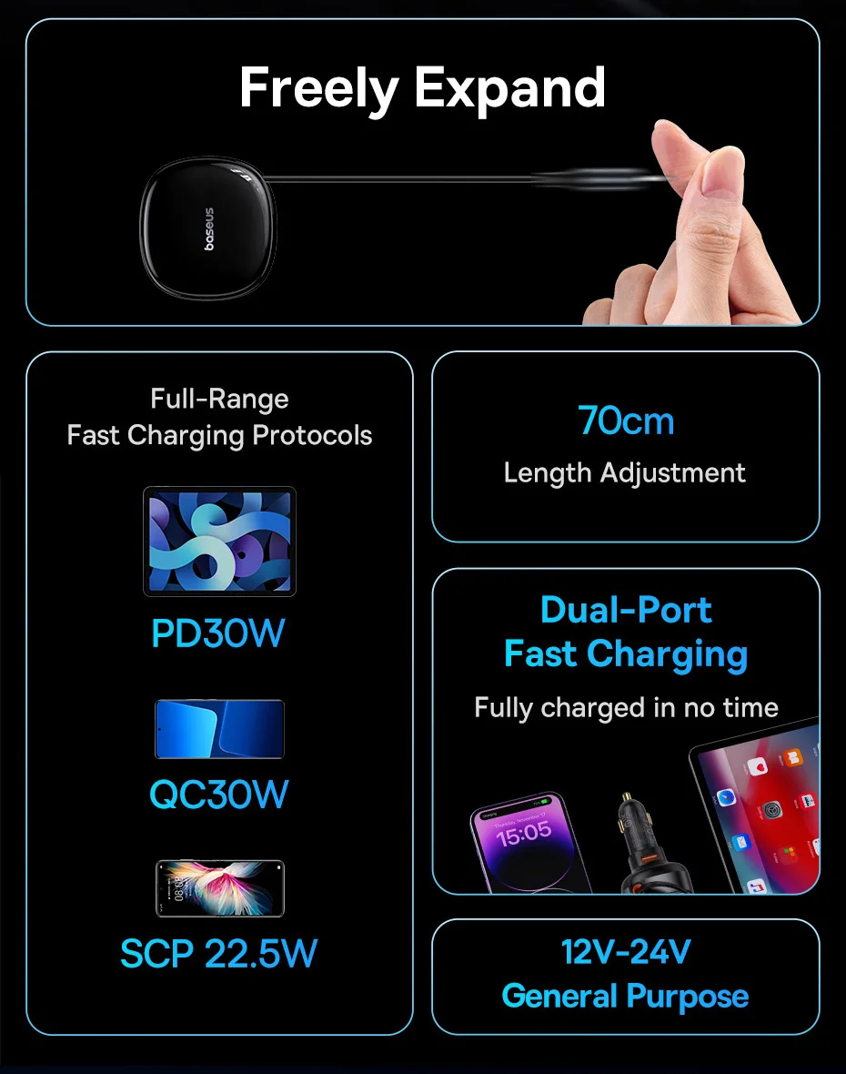 Carregador Veicular 60W 3 em 1 com Cabo Retrátil - Imagem 9