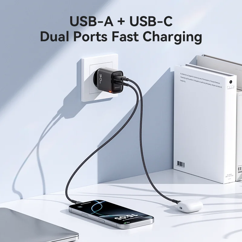 Carregador Kuulaa GaN 30W Fast Charge com USB-A e USB-C - Imagem 4