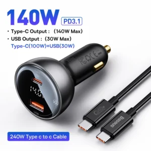 Kit Carregador Veicular Baseus 140W Display Digital + Cabo 240W USB C - Cabo 140W PD3.1