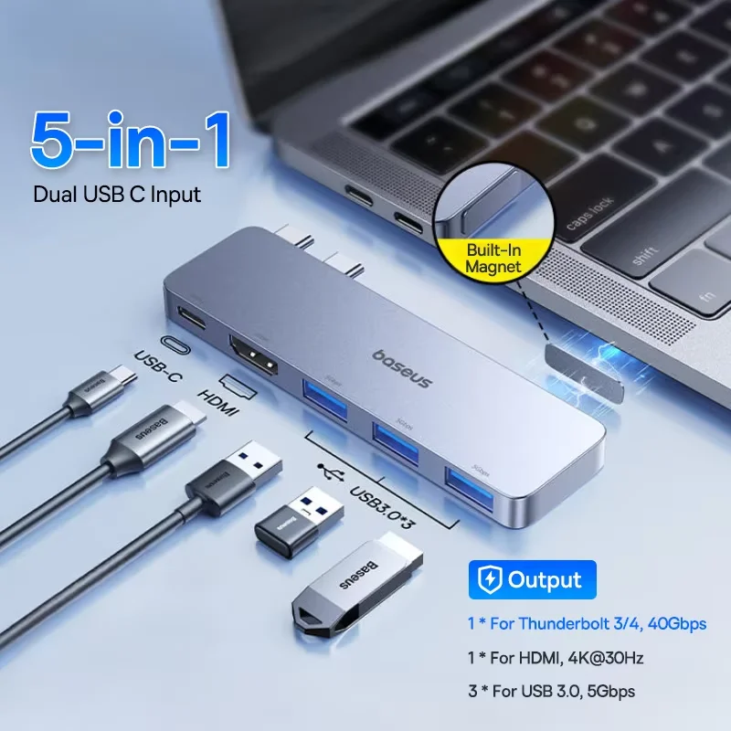 Hub Baseus UltraJoy Mini & Compacto Duplo USB C - 5 em 1 USB com HDMI