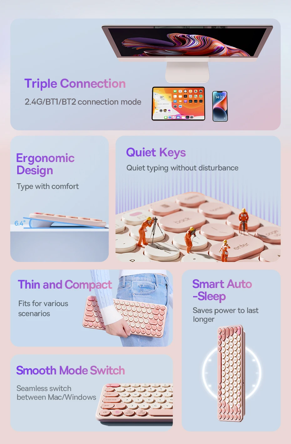 Teclado Sem Fio Bluetooth K01A Rosa - Imagem 8