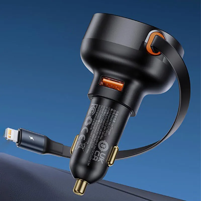 Carregador Veicular 55W 2 em 1 com Cabo Retrátil - Lightning e USB-A