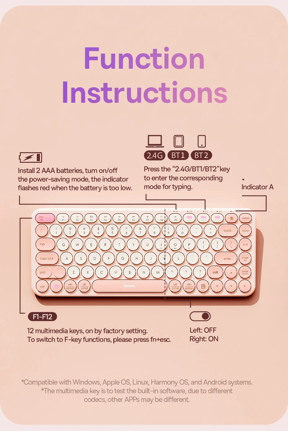 Teclado Sem Fio Bluetooth K01A Rosa - Imagem 18