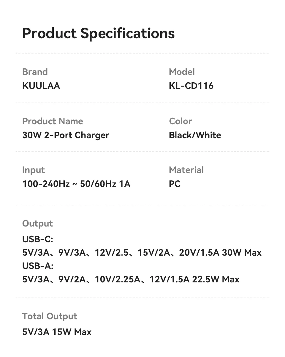 Carregador Kuulaa GaN 30W Fast Charge com USB-A e USB-C - Imagem 16