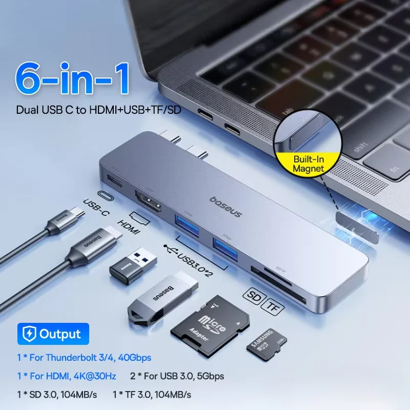 Hub Baseus UltraJoy Mini & Compacto Duplo USB C - 6 em. 1 USB HDMI SD TF