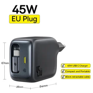 Carregador Baseus EnerCore CJ11 45W  com Cabo Retrátil USB-C - Preto