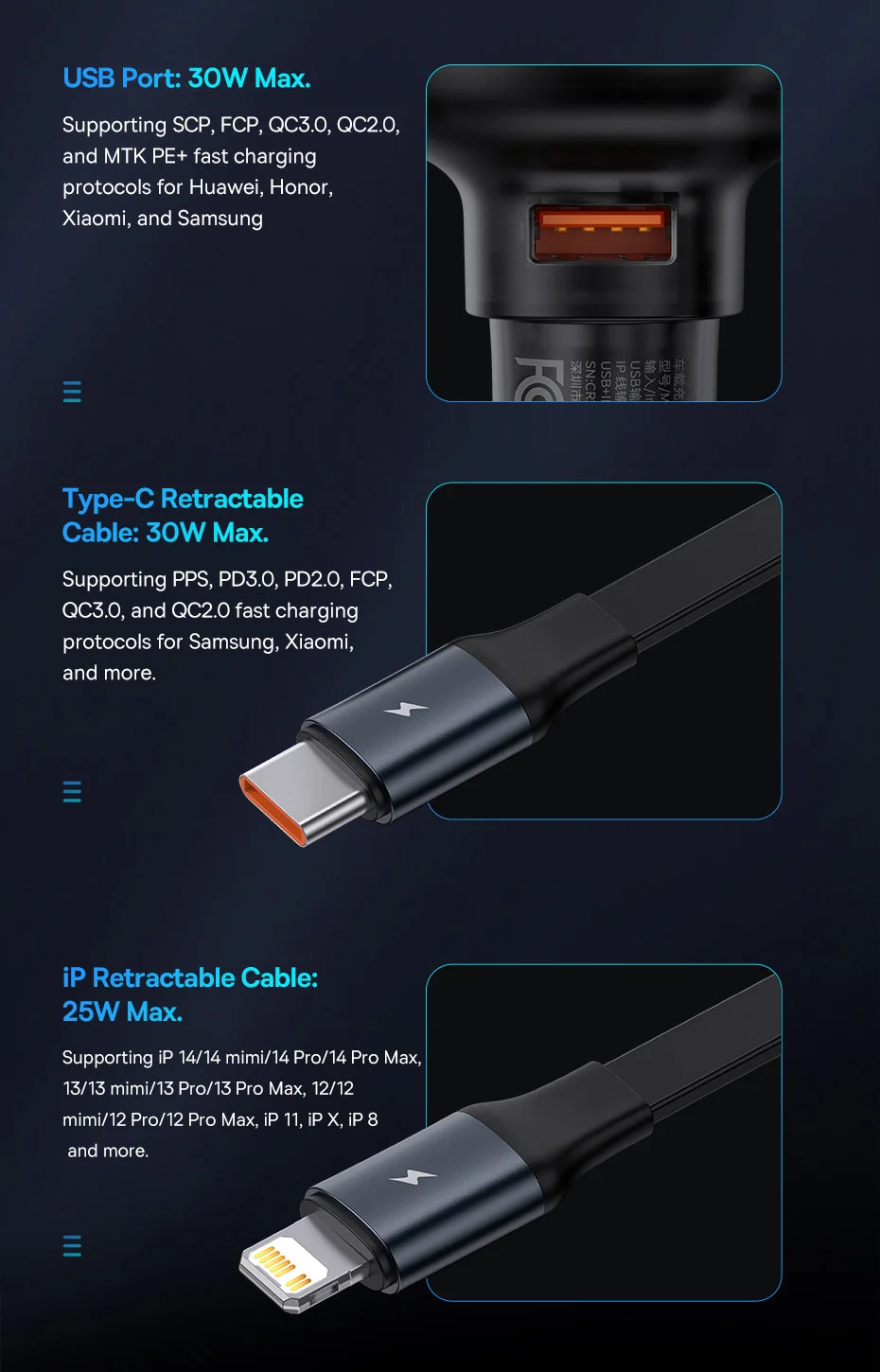 Carregador Veicular 60W 3 em 1 com Cabo Retrátil - Imagem 13