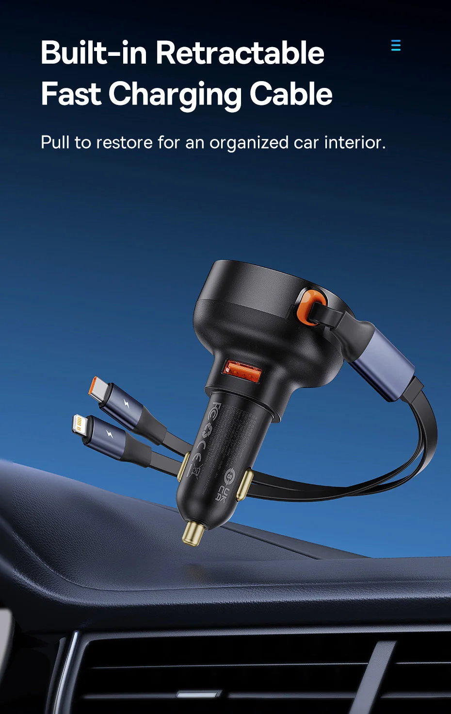 Carregador Veicular 60W 3 em 1 com Cabo Retrátil - Imagem 10