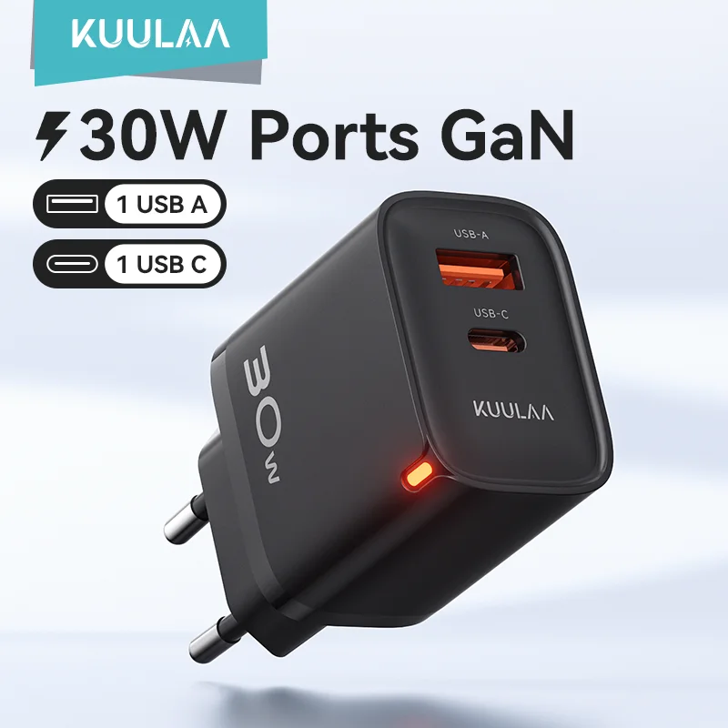 Carregador Kuulaa GaN 30W Fast Charge com USB-A e USB-C