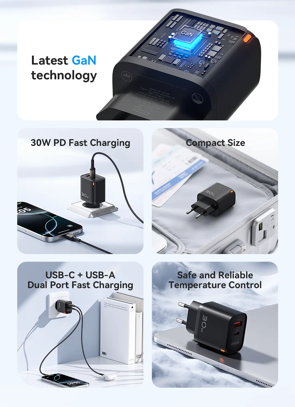 Carregador Kuulaa GaN 30W Fast Charge com USB-A e USB-C - Imagem 8