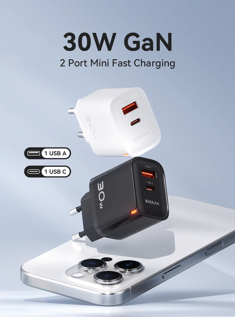 Carregador Kuulaa GaN 30W Fast Charge com USB-A e USB-C - Imagem 7