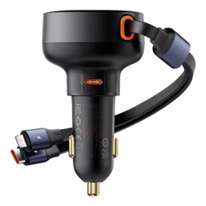 Carregador Veicular 60W 3 em 1 com Cabo Retrátil - 2x USB-C e Lightning