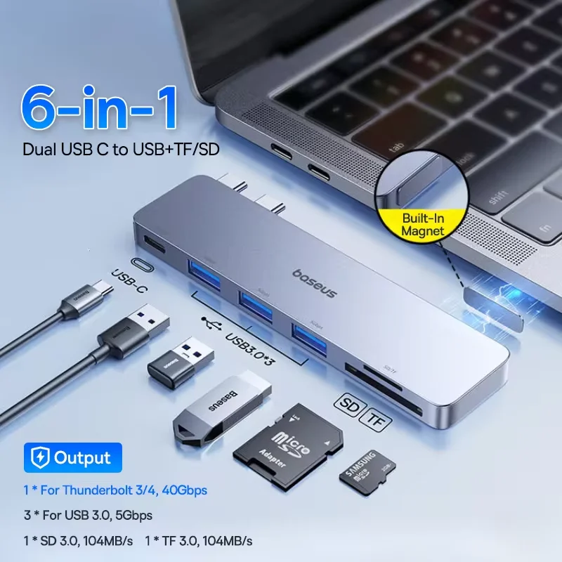 Hub Baseus UltraJoy Mini & Compacto Duplo USB C - USB 6 em 1 com SD TF
