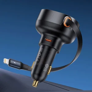 Carregador Veicular 55W 2 em 1 com Cabo Retrátil - Lightning e USB-C