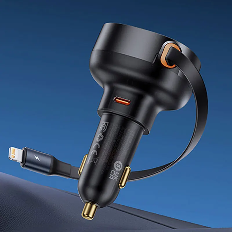 Carregador Veicular 55W 2 em 1 com Cabo Retrátil - Lightning e USB-C
