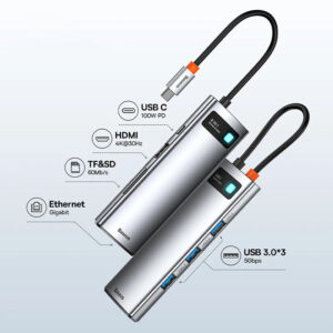Hub USB C Baseus 8 em 1 4K 30Hz Multifuncional - Cinza