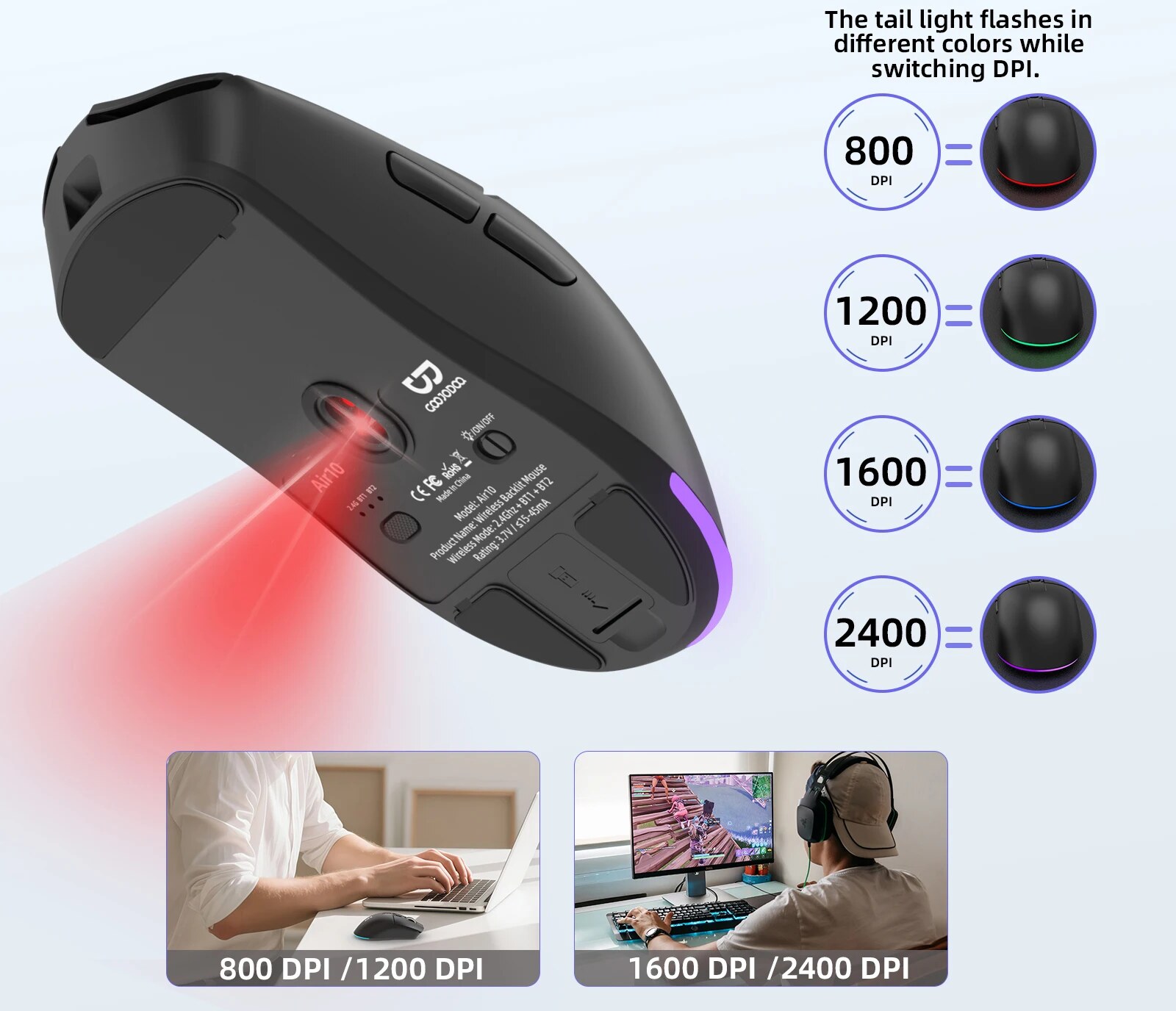 4 Níveis de DPI (800 / 1200 / 1600 / 2400) – Mouse Sem Fio Goojodoq GM001 Bluetooth & 2.4Ghz