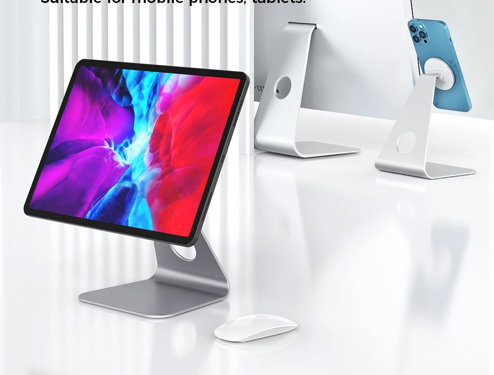 Design Integrado em Alumínio – Suporte Magnético Ajustável para Smartphone e Tablet