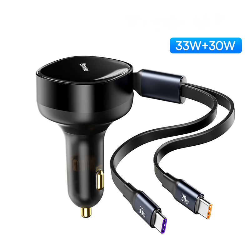 Carregador Veicular Baseus 2 em 1 com Cabo Retrátil - 33W Tipo C1 C2