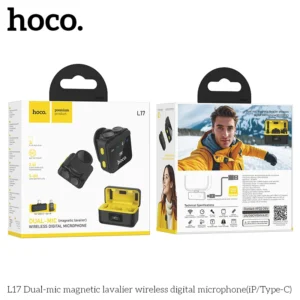 Microfone de Lapela HOCO L17 Sem Fio Magnético – Duplo Microfone - Preto